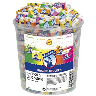 Abbildung von Frigeo Ahoj Brause Brockenextra große Stücke in vier prickelnden, süß sauren Geschmacksrichtungen, Würfel einzeln verpackt, im Vorrats Pack, 200 Stück 1,6 kg Eimer