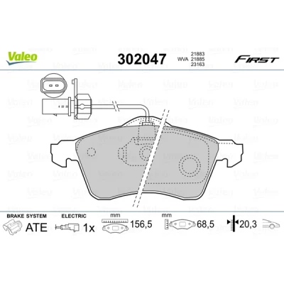 Abbildung von VALEO 302047 Bremsbelagsatz FIRST Vorderachse inkl. Verschleißwarnkontakt ohne Anti Quietsch Blech VOLKSWAGEN: Polo IV Schrägheck, TRANSPORTER 4 Bus