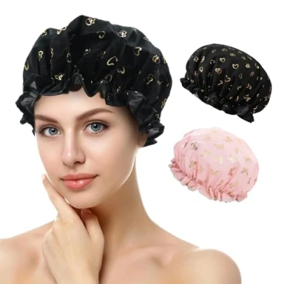 Abbildung von Duschhaube, 2 Stück Wasserdichte Duschhauben, Shower Cap, Duschhaube für Damen, Haarhaube Die Nacht, mit Elastischem Band, Wiederverwendbare Dusche Kappen Mädchen Frauen (E)