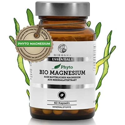 Abbildung von QIDOSHA® Bio Magnesium Kapseln hochdosiert, 525mg pflanzliches je Tagesportion, 60 im Glas, aus Meersalat Ulva lactuca, Meerlattich Magnesium, vegan, laborgeprueft