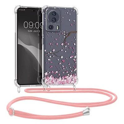 Abbildung von kwmobile Necklace Case kompatibel mit Xiaomi 13 Lite 5G Hülle Silikon Cover Handykette Rosa Dunkelbraun Transparent Kirschblütenblätter
