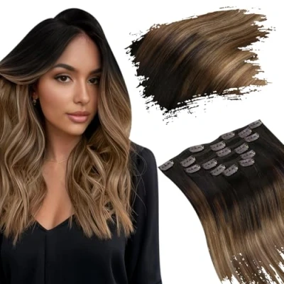 Abbildung von Ugeat Clip in Extensions Echthaar Balayage Braun Haarverlängerung Remy 55cm Doppelt Tressen Dunkelbraun zu Mittelbraun mit Dunkelblond 7 Stück 120g