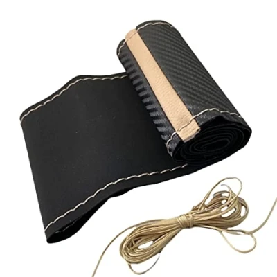 Abbildung von LB109 Lenkradbezug 37 39 cm zum Schnüren Schwarz Alcantara Carbon mit beige Naht