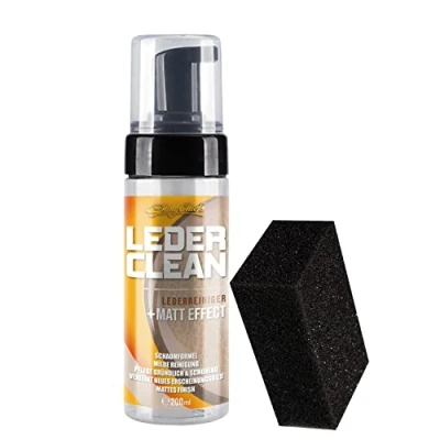 Abbildung von ShinyChiefs Leder Clean Set Schaumreiniger für Ledersitze und Lenkräder Lenkradpflege Pflege Reinigung Glattleder Lederreiniger Autositze, Pumpspender 200ml, Auftragsschwamm