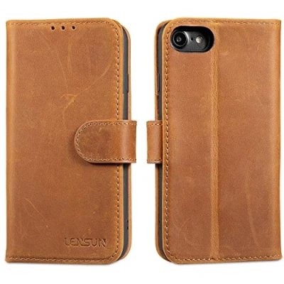 Abbildung von LENSUN Echtleder Hülle für iPhone SE 2020/SE 2022 5G, 7/iPhone 8 Handyhülle [Echtes Leder][Brieftasche][Kartenfach] Handytasche Lederhülle Vintage Braun