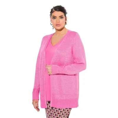 Abbildung von Ulla Popken OPEN Shape LONG Sleeve Shimmer Strickjacke, Damen, Größe: 46/48, Pink