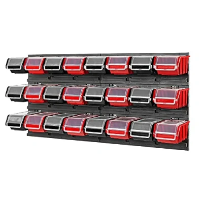 Abbildung von PAFEN Lagersystem Stapelboxen mit Deckel Wandregal 772 x 390 24 Stück Boxen Werkzeugwand Werkstattregal Schüttenregal, Schwarz/Rot