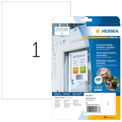 Abbildung von HERMA 4577 Wetterfeste Folienetiketten ablösbar, 20 Blatt, 210 x 297 mm, 1 pro A4 Bogen, Stück, selbstklebend, bedruckbar, matt, blanko Klebeetiketten Aufkleber aus Folie, weiß