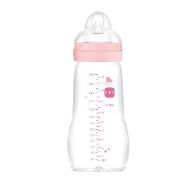 Abbildung von MAM Feel Good A163 Trinkflasche aus Glas, mit patentiertem SkinSoftTM Silikon Sauger 2, besonders weich, für Babys ab 0 Monaten, 260 ml, Rosa