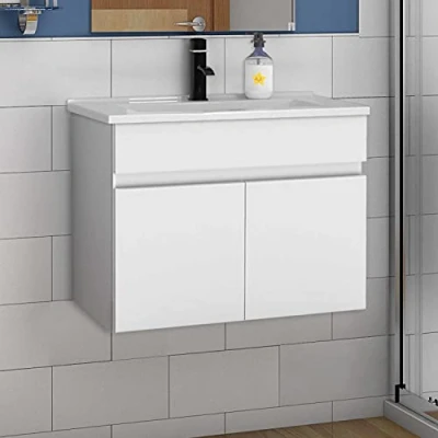 Abbildung von Aica Sanitär Waschtisch mit Unterschrank 60 cm Badmöbel Set Waschbecken Keramik dünn Gäste WC Weiß Matt
