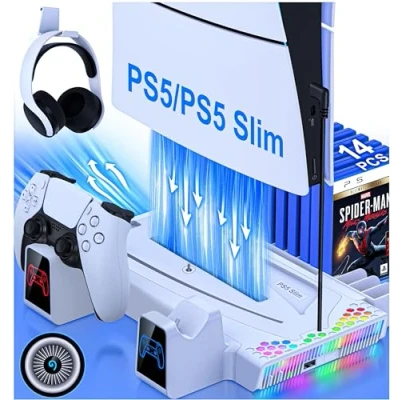 Abbildung von HELLCOOL PS5 Slim Ständer mit Lüfter, Standfuß für Alle Slim/PS5 Disc/Digital Edition Konsole, Controller Ladestation/Headset Halterung/15 Spiele Lagerung/Cooles RGB Licht