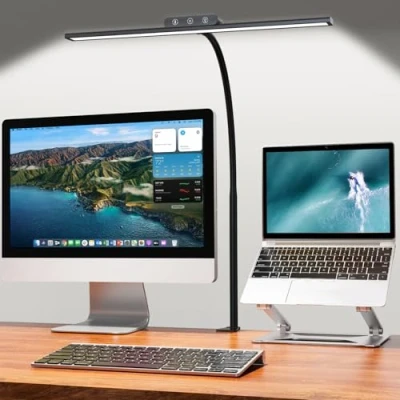 Abbildung von EppieBasic Schreibtischlampe LED Dimmbar, helle Klemmbar, Augenschutz Arbeitslampe für Homeoffice, Schwanenhals Büro Tischlampe, moderne Monitor Lampe die Studie lesen