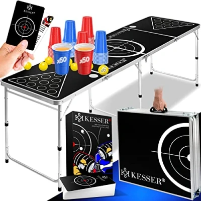 Abbildung von KESSER® Beer Pong Tisch Set mit Kartenspiel Trinkspiel inkl. 100 Becher (50 Rot &amp; 50 Blau), 6 Bälle + Regelwerk Partyspiele Table Höhenverstellbar KlappbarerClassic