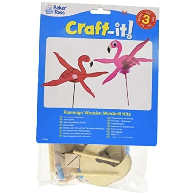 Abbildung von Baker Ross FE144 Flamingo Windmühlen Sets aus Holz, 3 Stück, für Kinder Kunst und Bastelprojekte, Holzhandwerk zum Dekorieren, Personalisieren Ausstellen
