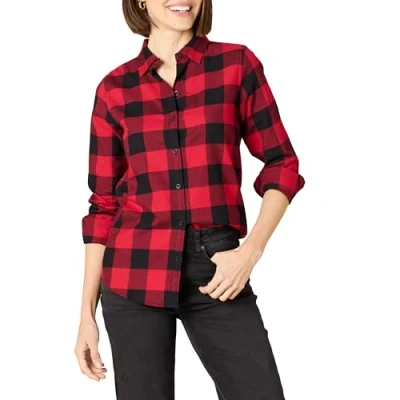 Abbildung von Amazon Essentials Damen Leichtes, Langärmeliges, Kariertes Flanellhemd, Klassischer Schnitt, Rot Buffalo Karos, L