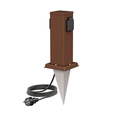 Abbildung von ledscom.de Garten Steckdosen Säule Polly mit Erdspieß und 2m Kabel für außen, IP44, 2 Fach, braun, eckig, 27cm