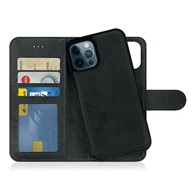 Abbildung von MyGadget Flip Case für iPhone 12 Pro Max [ abnehmbare Magnet Hülle ] Handyhülle aus Kunstleder Klapphülle mit Kartenfach Schutzhülle in Grau Schwarz