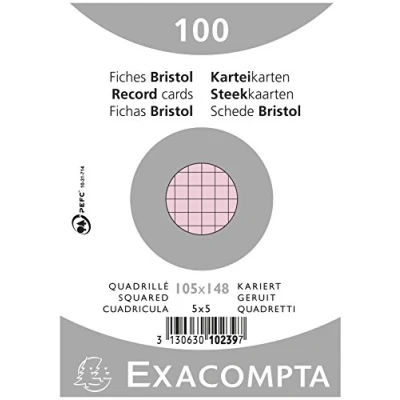 Abbildung von Exacompta 10239E Karteikarten (Packung mit 100, 250g, in Folie eingeschweißt, DIN A6, 10,5 x 14,5 cm, kariert, ideal für die Schule) 1er Pack rosa