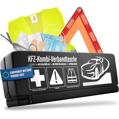 Abbildung von HELDENWERK 3 in 1 Erste Hilfe Set Auto 2025 europaweit einsetzbar &amp; geprüft (StVO konform) I KFZ Kombitasche mit Warnweste, Warndreieck Verbandkasten Unfall Zubehör Set, PKW Notfallset, Pannenset