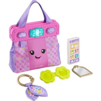 Abbildung von Fisher Price Baby Lernspielzeug Lachen &amp; Lernen Geldbörse, Going Places Tasche mit 4 Pretend Play Zubehör für Säuglinge Kleinkinder ab 6 Monaten, HTW89