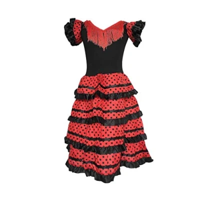 Abbildung von La Senorita ® Spanische Flamenco Kleid/Kostüm für Mädchen/Kinder Schwarz/Rot (Größe 104 110 Länge 75 cm 5 6 Jahr, Mehrfarbig)