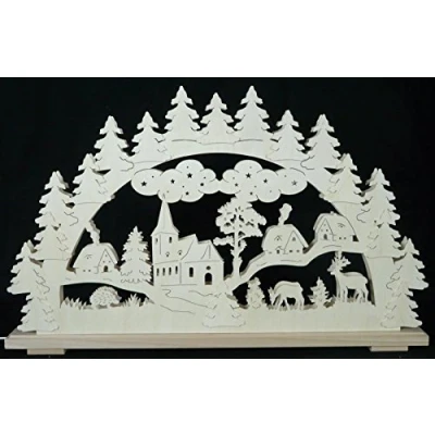 Abbildung von Rudolphs Schatzkiste Schwibbogen mit Haus Kirche Waldtiere und Beleuchtung BxHxT 70x43x7cm NEU Lichterbogen Fensterbogen Spitzbogen Erzgebirge Seiffen Weihnachten Licht Holz Dekoration