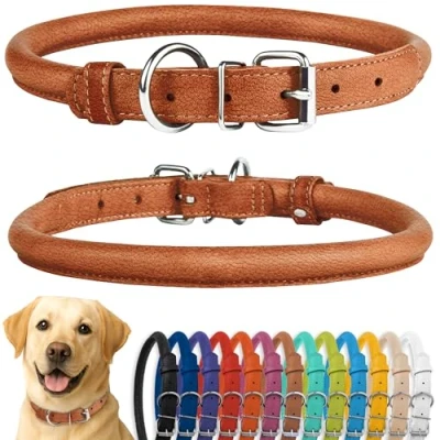 Abbildung von CollarDirect Rundes Leder Hundehalsband, weich gepolstert gerollt, handgefertigtes Echtleder Halsband für Hund Welpe Katze Klein Groß Schwarz Rosa Rot Lila Blau