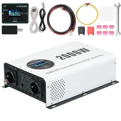 Abbildung von OUBOTEK Wechselrichter 2000W / 4000W Reiner Sinus DC 12V auf AC 230V mit Drahtloser Fernbedienung LCD Anzeige 2 Steckdosen USB A und 1 Type C, spannungswandler für Wohnmobil Zuhause Off Grid