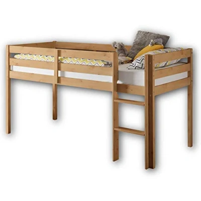 Abbildung von Stella Trading KENI Hochbett mit Leiter &amp; 90 x 200 cm Liegefläche Platzsparendes Kinder Etagenbett aus massiver Kiefer, natur 97 113 207 (B/H/T)