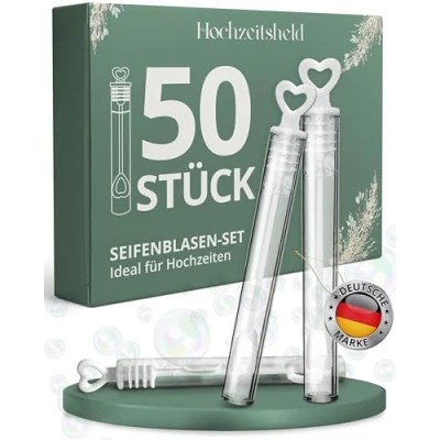 Abbildung von HOCHZEITSHELD Seifenblasen Hochzeit 50 Stück Perfekt als Hochzeitsdeko oder Gastgeschenke Befüllte kleine Hochzeitsseifenblasen zur Tischdeko Wedding Decoration mittels Herz Griff