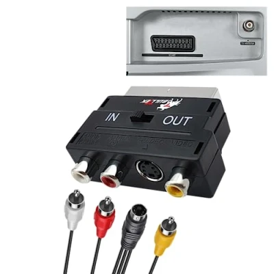 Abbildung von BullTek Konverter Scart auf 3x RCA Jacks S Video VHS Composite mit Switch Input/Output Audio In/Out Adapter