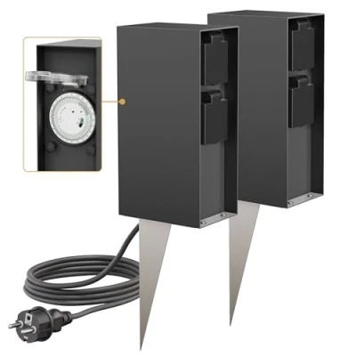 Abbildung von ledscom.de 2 Stück Garten Steckdosensäule POMI mit Erdspieß und 2m Kabel für außen, IP44, Timer/Zeitschaltuhr, Fach, anthrazit, eckig, 23cm