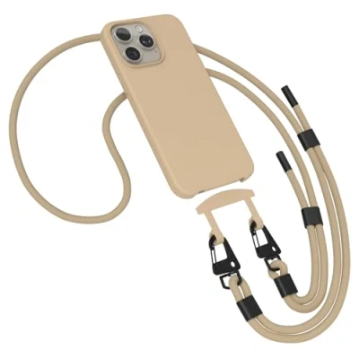 Abbildung von EAZY CASE Hülle mit Band kompatibel iPhone 15 Pro Max Handyhülle für Silikonhülle Mikrofaser stoßfest Fallschutz Handykette zum Umhängen 2in1 Schutzhülle Kordel Nude Taupe