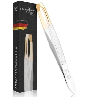 Abbildung von Schwertkrone Pinzette Profi Solingen 8 cm gekröpft abgewinkelt schräg Augenbrauen zupfen Germany (Gekröpft Vergoldet)