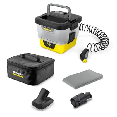 Abbildung von Kärcher Mobile Outdoor Cleaner OC 4 + Pet Kit, Fördermenge: 2 l/min, Gewicht: 3,1 kg, Wassertank: 8 l, Lithium Ionen Akku, Spiralschlauch, Gerätefilter, Kegel /Flachstrahldüse, Handtuch für Haustiere