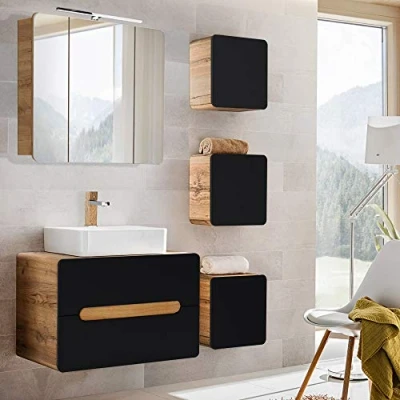 Abbildung von Lomadox Badezimmermöbel Set seidenmatt anthrazit mit Wotan Eiche Nb., 80 cm Waschtischunterschrank Keramik Waschtbecken, LED Spiegelschrank &amp; 3 Hängeschränke