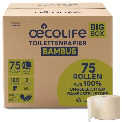 Abbildung von oecolife Toilettenpapier Box BAMBUS, 3 lagig, 75 Rollen á 180 Blatt, Großpackung, superweich, plastikfrei verpackt, veganes Produkt, nachhaltiges Klopapier