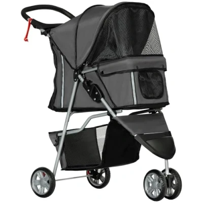 Abbildung von PawHut Hundewagen Hundebuggy klappbar für Hunde &amp; Katzen bis 10 kg Katzenbuggy mit Kissen Netzfenstern Getränkehalter Aufbewahrungstasche Katzenwagen Buggy Dunkelgrau