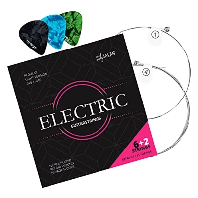 Abbildung von Shaman Saiten Gitarrensaiten für E Gitarre, (6+2 Set, 11 tlg), Kompletter Satz plus 2 Ersatz (E1 und D4)