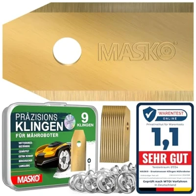 Abbildung von MASKO® Ersatzmesser Klingen für Mähroboter Rasenmäher Messer universal inkl. innovativen Schrauben Ersatzklingen Rasenroboter langlebig Titan Beschichtung Kompatibel mit Gardena/Husqvarna 9 Stück