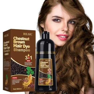 Abbildung von GFEUGS Haarfarbe Haarfärbeshampoo, 500ML Hair Dye Shampoo 3 in 1 Gegen Graue Haare, Color Sofort Tönungsshampoo, Farbshampoo Haartönung für Männer Frauen (Kastanienbraun)
