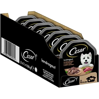 Abbildung von Cesar Adult Hundenassfutter Landragout mit zartem Truthahn, Rind und Kräutern, 14 Schalen, 14x150g Premium Hundefutter nass, ohne Zuckerzusatz, künstliche Aroma oder Farbstoffe