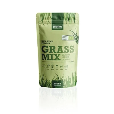 Abbildung von Bio Grassaftpulver mit Gerstengrassaft, Weizengrassaft, Alphasaft, Chorasansaaft und Hafergrassaft