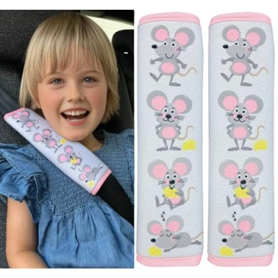 Abbildung von Schlafkissen 1x oder 2x Kinder Auto Gurtpolster Gurtschutz mit Maus Motiv Sicherheitsgurt Polster für und Babys Ideal jeden Gurt Autositzerhöhungen Fahrradanhänger Flugzeug, HECKBO
