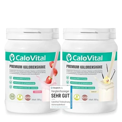 Abbildung von Zunehmen mit CaloVital Zunehmshake hochdosiert vielen Vitaminen Weight Gainer für schnelle Gewichtszunahme &amp; Masseaufbau Premium Qualität aus Deutschland (2er Set Vanille Erdbeere)