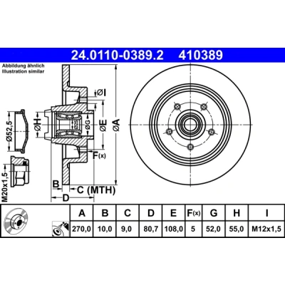 Abbildung von ATE 24.0110 0389.2 Bremsscheibe 270,0 10,0 5 108,0 voll beschichtet mit Radlager, ABS Sensorring RENAULT: SCENIC 2, MEGANE 2 Kombi