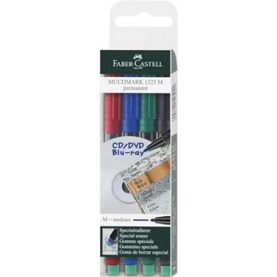 Abbildung von FABER CASTELL 152504 Marker MULTIMARK permanent, Stärke: M, 4er Etui, Inhalt: je 1x rot, blau, grün, schwarz
