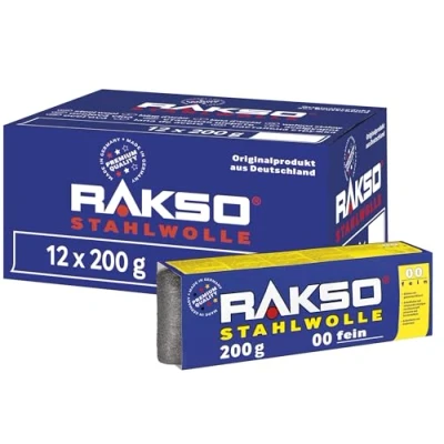 Abbildung von RAKSO Stahlwolle fein 00 2,4 kg, 12 Banderolen à 200g, glättet Hölzer, Reinigung Kunststoffjalousien, Gartenmöbel, aufpolieren Aluminium