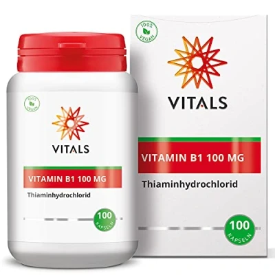 Abbildung von Vitals Vitamin B1 100mg 100 Kapseln. Hohe Dosis Thiaminhydrochlorid In Reiner Form. 100% Vegan. einer pflanzlichen Kapsel, ergänzt mit Hilfsstoffen aus natürlichen Quellen.