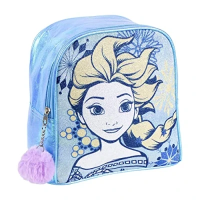Abbildung von Kinderrucksack Frozen mit Reißverschluss 18 x 21 10 cm Kleiner Rucksack Glitzer und Bommel Verstellbare Schulterträger Original Produkt in Spanien Designed